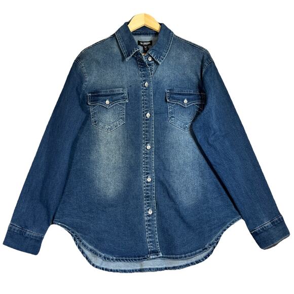 True Religion Shirt Womens Large Georgia Denim Glitter Cosy Fireside Wash NEW - Picture 2 of 12